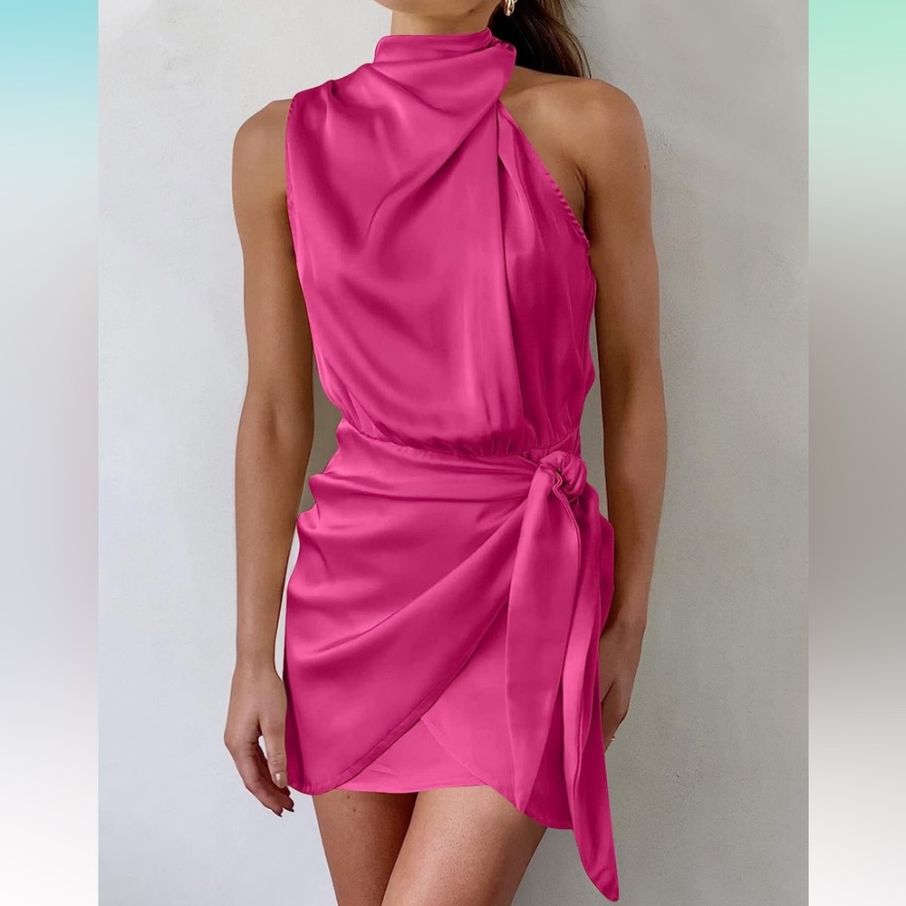 Satin Sleeveless Halter Neck Tie Waist Wrap Bodycon Cocktail Party Mini Dress